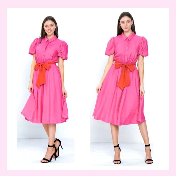 A. Calin HOT pink Puff Sleeve Textured A-Line Midi Dress sz S - Picture 1 of 12